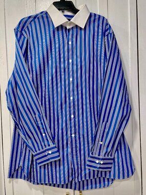 Vintage Polo Ralph Lauren 100% Cotton Blue Striped Dress Shirt 18 34/35